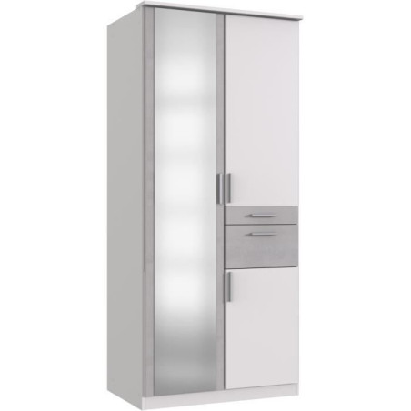 Armoire Décor Blanc & béton gris - 3 portes battantes - Miroir - 2 tiroirs - L90 x P58 x H199 cm - VOLOS