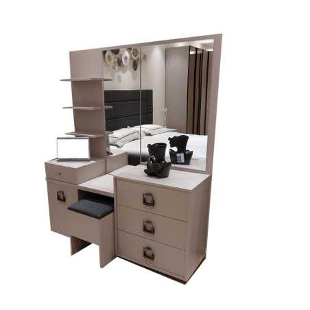 Yakut chambre complète lit king size avec rangement + 2 tables de chevet + commode + table coiffeuse gris / beige