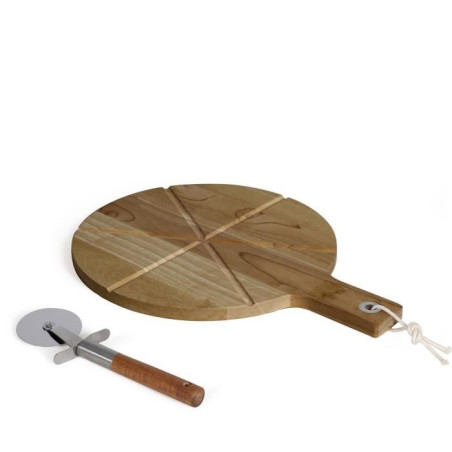 Set a pizza - LIVOO - MES158 - Bois acacia - 30 x 45 cm - 1 roulette a pizza - Poignée avec trou de suspension