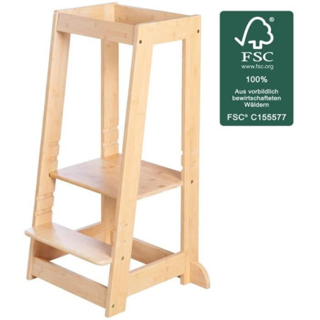 Tour d'apprentissage Montessori - ROBA - Bambou Certifié FSC - Réglable sur 3 niveaux de hauteur - Jusqu'a 80 Kg - Naturel