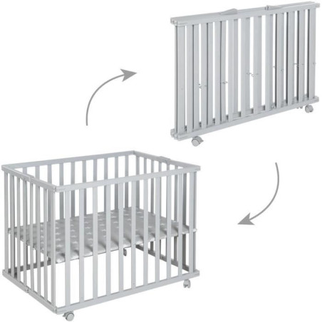 Parc bébé pliable - ROBA - LITTLE STARS - 75 x 100 cm - Hauteur réglable - 4 Roues freinées - Bois Laqué Gris Taupe - Motif