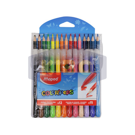 Pochettes de 12 feutres et 15 crayons de couleurs