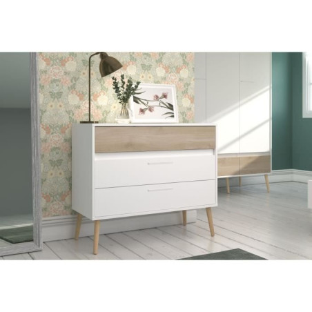 Commode AALBORG 3 Tiroirs - Décor blanc et chene - Scandinave - L 90,8 x P 40 x H 77,5cm - PARISOT
