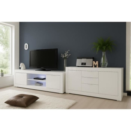 Ensemble séjour - Meuble Tv 180 cm + Buffet 210 cm 2 portes 3 tiroirs - BASICO - Blanc laqué