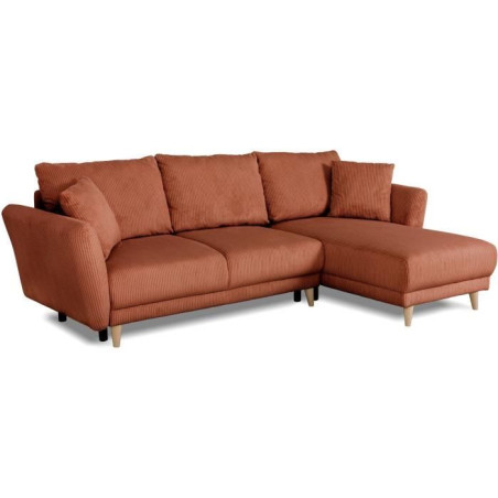 Canapé d'angle convertible réversible - 3 / 4 places - CLAUDIUS - Tissu Velours côtelé Terracotta - Coffre - 244 x 158 x 86