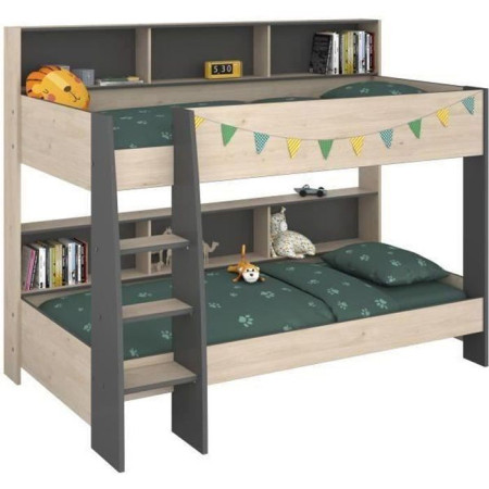 PARISOT Lits superposés enfant - Décor Chene Jackson et Gris Ombre - Sommiers inclus
