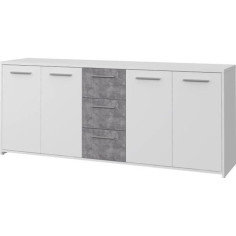 Buffet bas - Panneaux de particules - Blanc et décor gris béton - 4 portes + 3 tiroir Buffet bas - Panneaux de particules - Blanc et décor gris béton - 4 portes + 3 tiroir
