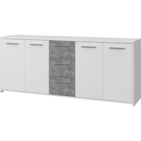 Buffet bas - Panneaux de particules - Blanc et décor gris béton - 4 portes + 3 tiroir
