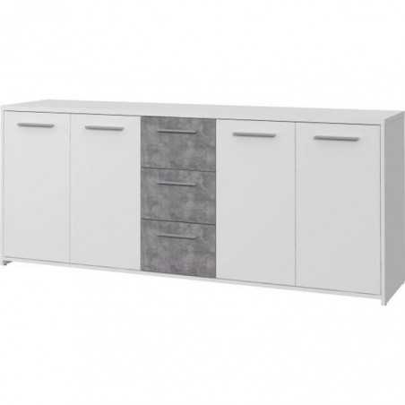 Buffet bas - Panneaux de particules - Blanc et décor gris béton - 4 portes + 3 tiroirs - L 179 x P 42 x H 74,5 cm