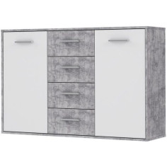 Buffet bas PILVI - 2 portes et 4 tiroirs - Blanc et béton clair - L 122 Buffet bas PILVI - 2 portes et 4 tiroirs - Blanc et béton clair - L 122