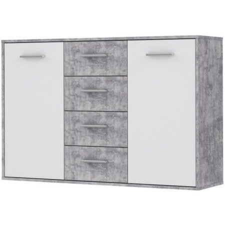 Buffet bas PILVI - 2 portes et 4 tiroirs - Blanc et béton clair - L 122