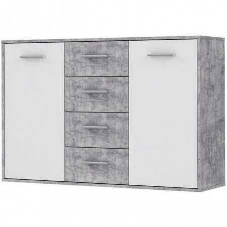 Buffet bas PILVI - 2 portes et 4 tiroirs - Blanc et béton clair - L 122,6 x P 34,2 x H 81,1 cm