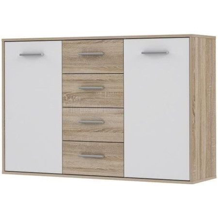 Buffet bas PILVI - 2 portes et 4 tiroirs - Blanc et chene sonoma - L 122