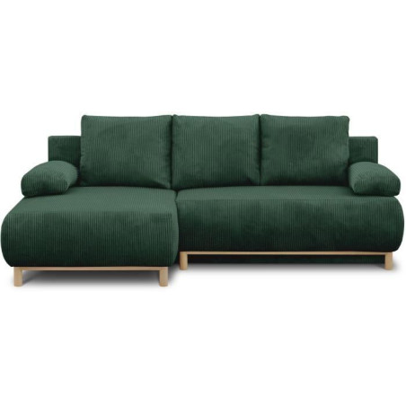 Canapé d'angle gauche convertible - 3 places - MIKA - Tissu velours côtelé vert foncé - Coffre de rangement - 192 x 84 x 93