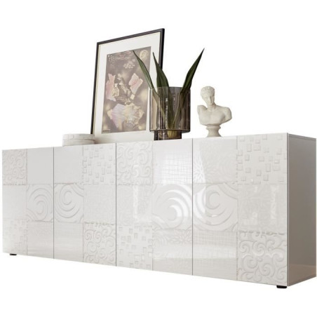 Buffet - MIRONA - 4 portes - Blanc laqué brillant avec serigraphie - 241 x 43 x 84 cm