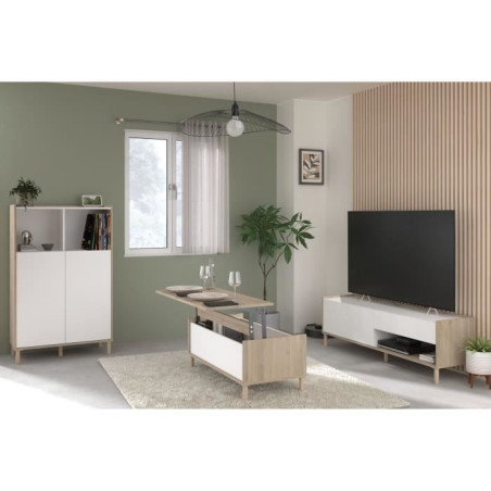 Ensemble meuble de salon - Meuble TV, table basse relevable, bahut haut - MORPHOS - Décor blanc / Chene - PARISOT
