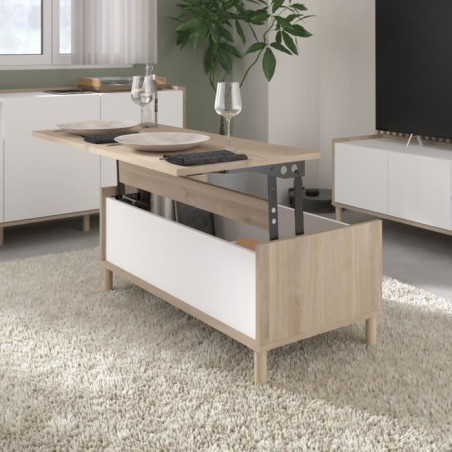 Table basse relevable MORPHOS - L 100 x P 50 x H 43,6 cm - Rectangulaire - Décor blanc / Chene - PARISOT