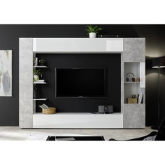 Composition murale TV SIENNA - Laqué blanc et béton - L295 x P30 x H187 cm Composition murale TV SIENNA - Laqué blanc et béton - L295 x P30 x H187 cm