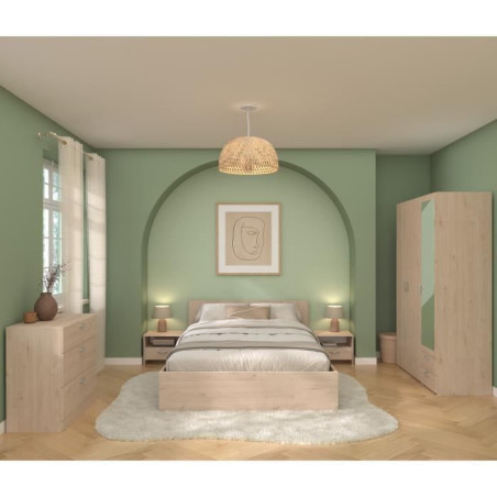 Chambre complete adulte VARIA - Lit 140x190/200 + 2 chevets + 1 commode + 1 armoire avec miroir - Décor Chene - PARISOT