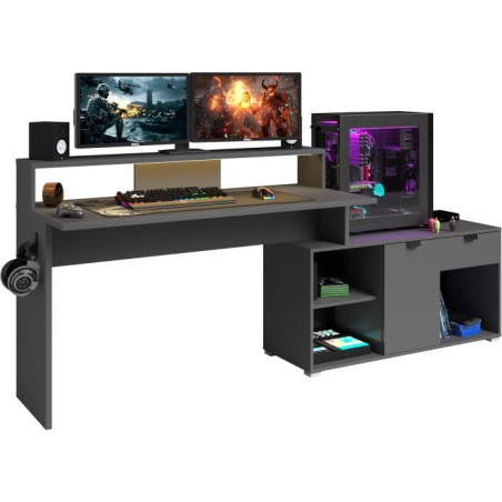 Bureau d'angle Gamer modulable avec led - WORTEX - Gris ombre - 167,7/229,2 x 59,7/109,7 x 94,8 cm - PARISOT