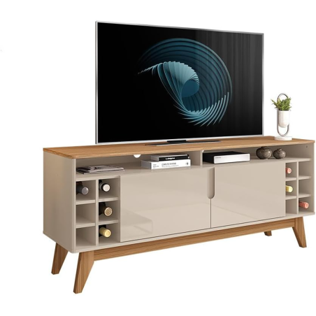 Meuble Tv en Mélamine Wine Casa D - avec Cave à Vin - 1,35m - Off White High Gloss/noce