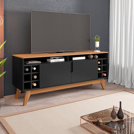 Meuble Tv en Mélamine Wine Casa D - avec Cave à Vin - 1,35m - Black/noce