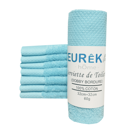 Serviette de toilette pour Invité Bordure Dobby Eurêka Home - 100% Coton - 32 x 32 Cm - 60g - Bleu Ciel