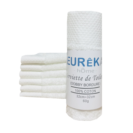 Serviette de toilette pour Invité Bordure Dobby Eurêka Home - 100% Coton - 32 x 32 Cm - 60g - Blanc