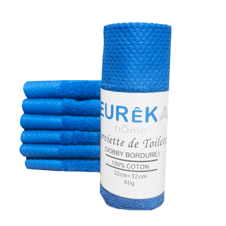 Serviette de toilette pour Invité Bordure Dobby Eurêka Home - 100% Coton - 32 x 32 Cm - 60g - Bleu Marine