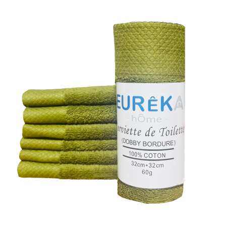 Serviette de toilette pour Invité Bordure Dobby Eurêka Home - 100% Coton - 32 x 32 Cm - 60g - Vert Khaki