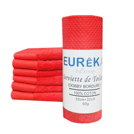 Serviette de toilette pour Invité Bordure Dobby Eurêka Home - 100% Coton - 32 x 32 Cm - 60g - Rouge