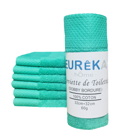 Serviette de toilette pour Invité Bordure Dobby Eurêka Home - 100% Coton - 32 x 32 Cm - 60g - Vert