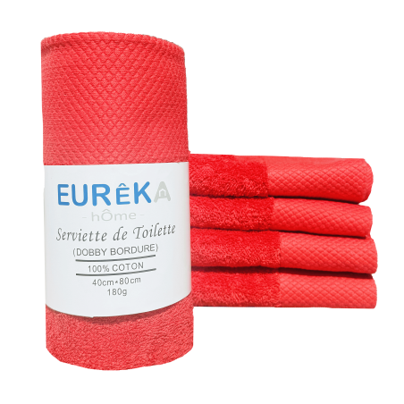 Serviette de Bain avec Bordure Dobby Eurêka Home - 100% Coton - 40 x 80 Cm - 180g - Rouge