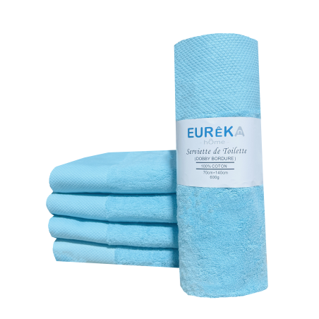 Serviette de Bain avec Bordure Dobby Eurêka Home - 100% Coton - 70 x 140 Cm - 600g - Bleu Ciel