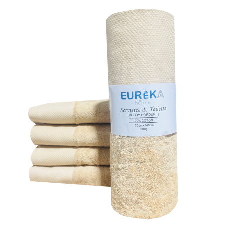 Serviette de Bain avec Bordure Dobby Eurêka Home - 100% Coton - 70 x 140 Cm - 600g - Beige