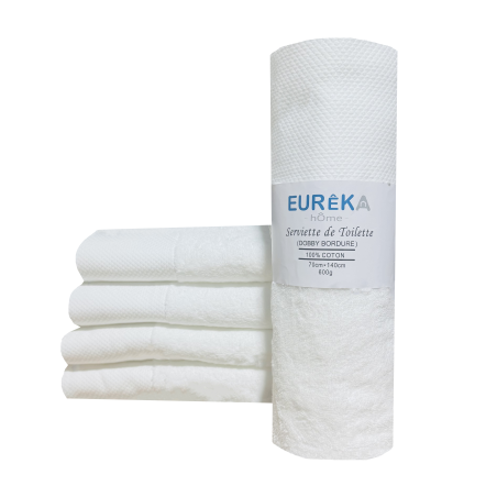 Serviette de Bain avec Bordure Dobby Eurêka Home - 100% Coton - 70 x 140 Cm - 600g - Blanc