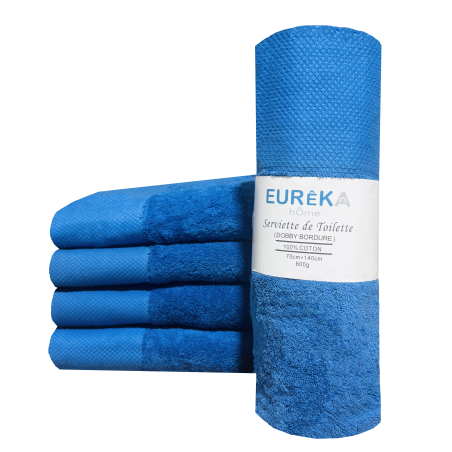 Serviette de Bain avec Bordure Dobby Eurêka Home - 100% Coton - 70 x 140 Cm - 600g - Bleu Marine