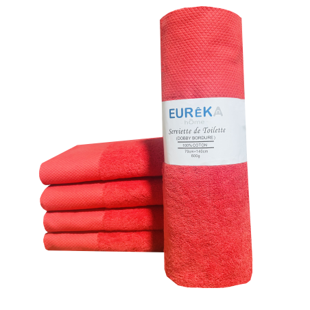 Serviette de Bain avec Bordure Dobby Eurêka Home - 100% Coton - 70 x 140 Cm - 600g - Rouge