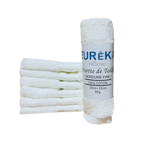 Serviette de toilette pour Invité Dobby avec Bordure Fine Eurêka 100% Coton de 33 x 33 Cm 60g Blanc