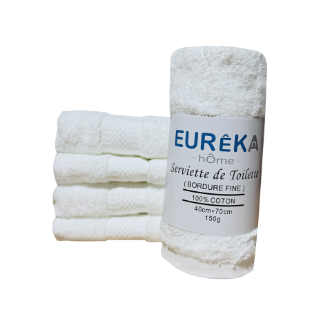 Serviette de Bain Dobby avec Bordure Fine Eurêka Home - 100% Coton - 40 x 70 Cm - 150g - Blanc