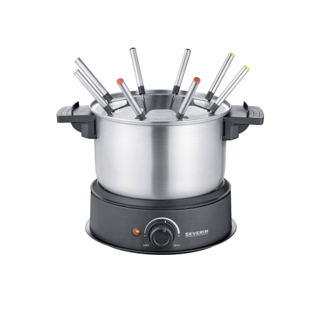 Appareil à Fondue Électrique Severin - avec 8 Pics - Caquelon Inox Amovible - Couvercle Antiprojection - 1500W - Noir/Argent