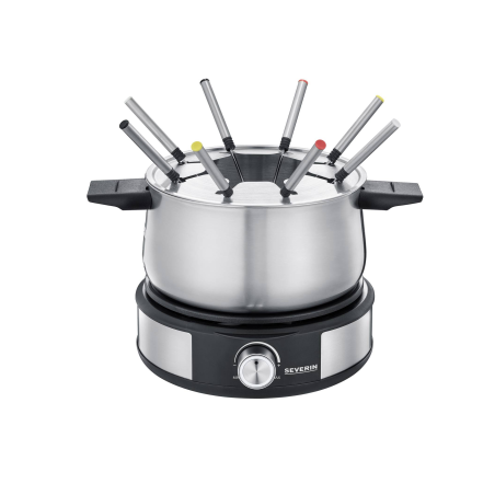 Appareil Combi Fondue & Crêpière Électrique Severin - Fondue 8 Personnes - Plaque 19 cm - Caquelon Inox - 1500W - Noir/Argent