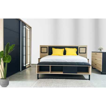 Chambre à Coucher Complète Sirius Crown Arkemix - Lit avec 2 Chevets - Commode - Armoire 2 Portes Coulissantes - Chêne/noir