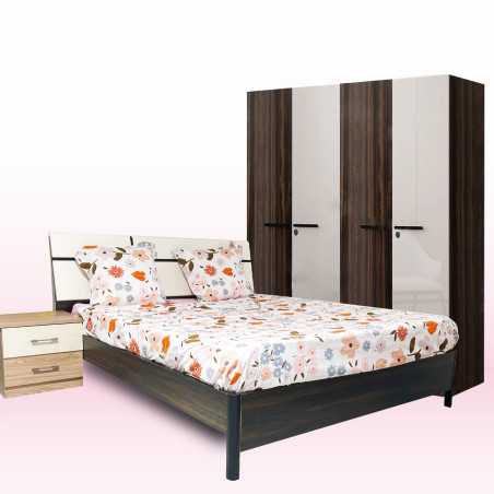 Lit sans Coffre en MDF 160 x 200 Cm + Armoire 4 Portes en Mélamine 160 x 56 x 200 Cm - Brun Noir/blanc