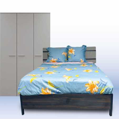 Lit sans Coffre en MDF 140 x 190cm + Armoire 3 Portes en Mélamine 120 x 56 x 200cm - Gris Clair/brun Noir