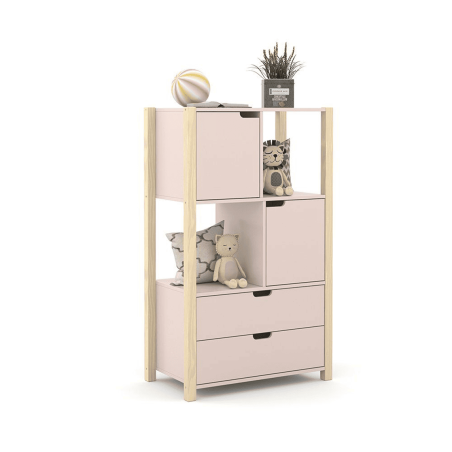 Meuble de Rangement Pour Enfant Liv Matic - Armoire de Rangement en MDF et Pieds Bois - 75cm X 125cm X 43cm - Rose/Naturel