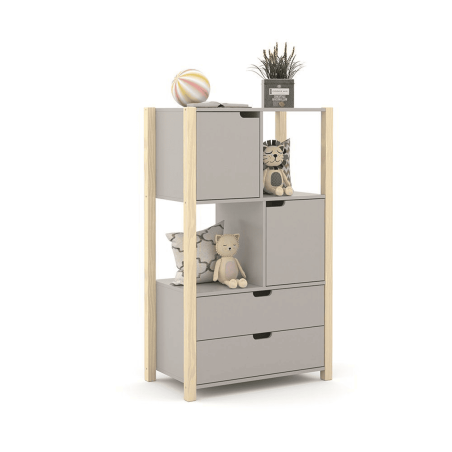 Meuble de Rangement Pour Enfant Liv Matic - Armoire de Rangement en MDF et Pieds Bois - 75cm X 125cm X 43cm - Gris/Naturel