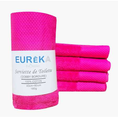 Serviette de Bain avec Bordure Dobby Eurêka Home - 100% Coton - 40 x 80 Cm - 180g - Rose Fonce