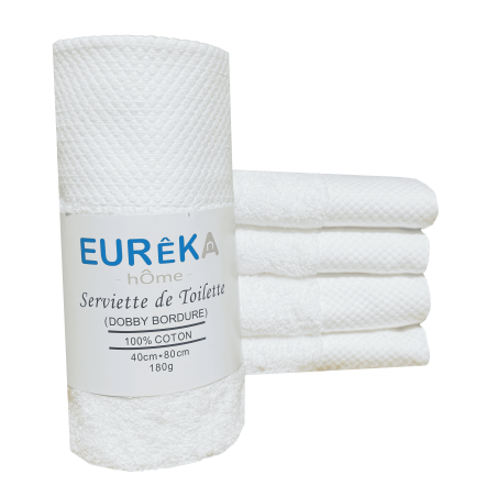 Serviette de Bain avec Bordure Dobby Eurêka Home - 100% Coton - 40 x 80 Cm - 180g - Blanc
