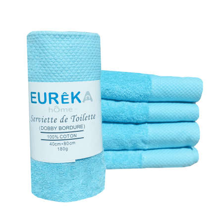 Serviette de Bain avec Bordure Dobby Eurêka Home - 100% Coton - 40 x 80 Cm - 180g - Bleu Ciel